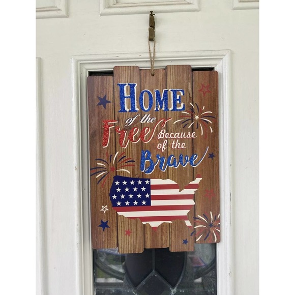 Home Of The Free Because Of The Brave Patriotic USA Flag Door Sign Wall - Picture 1 of 4